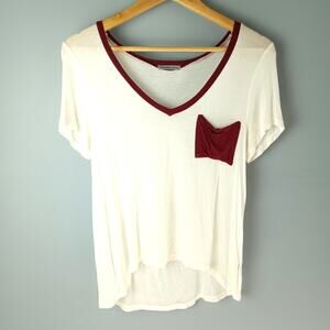 Charlotte Russe Cream V-Neck Tee with Dark Red Accents